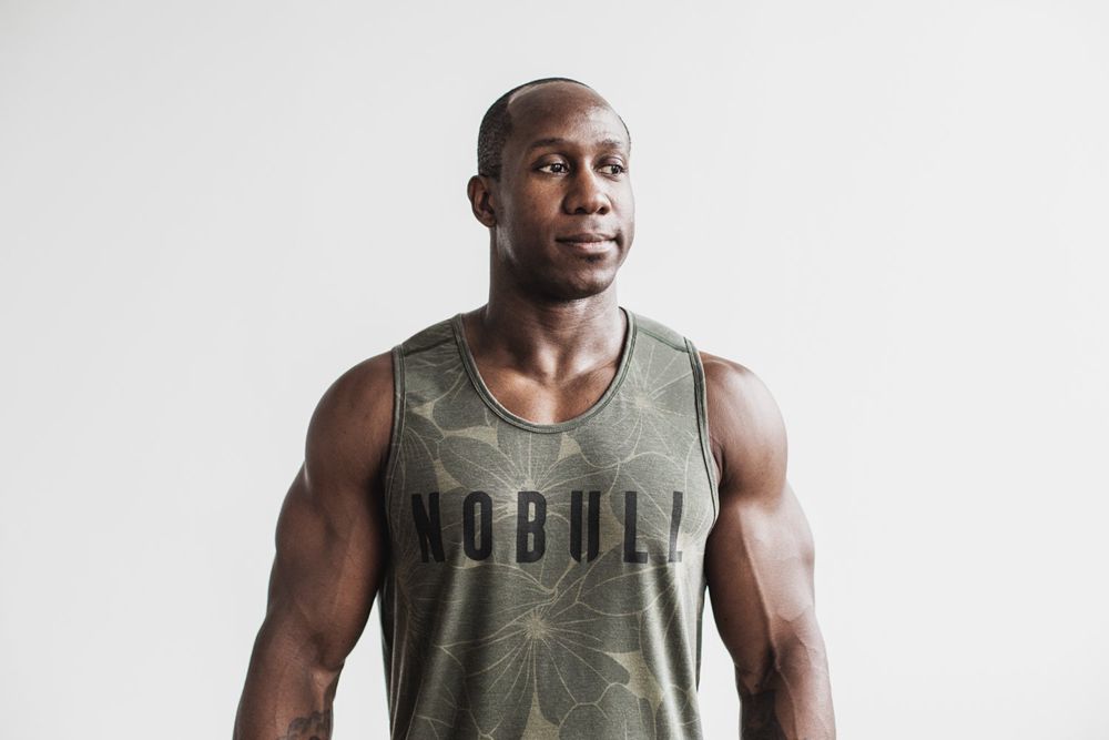 NOBULL Men's Tank Tops - Army Green Hibiscus - Ireland (9152FJWOX)